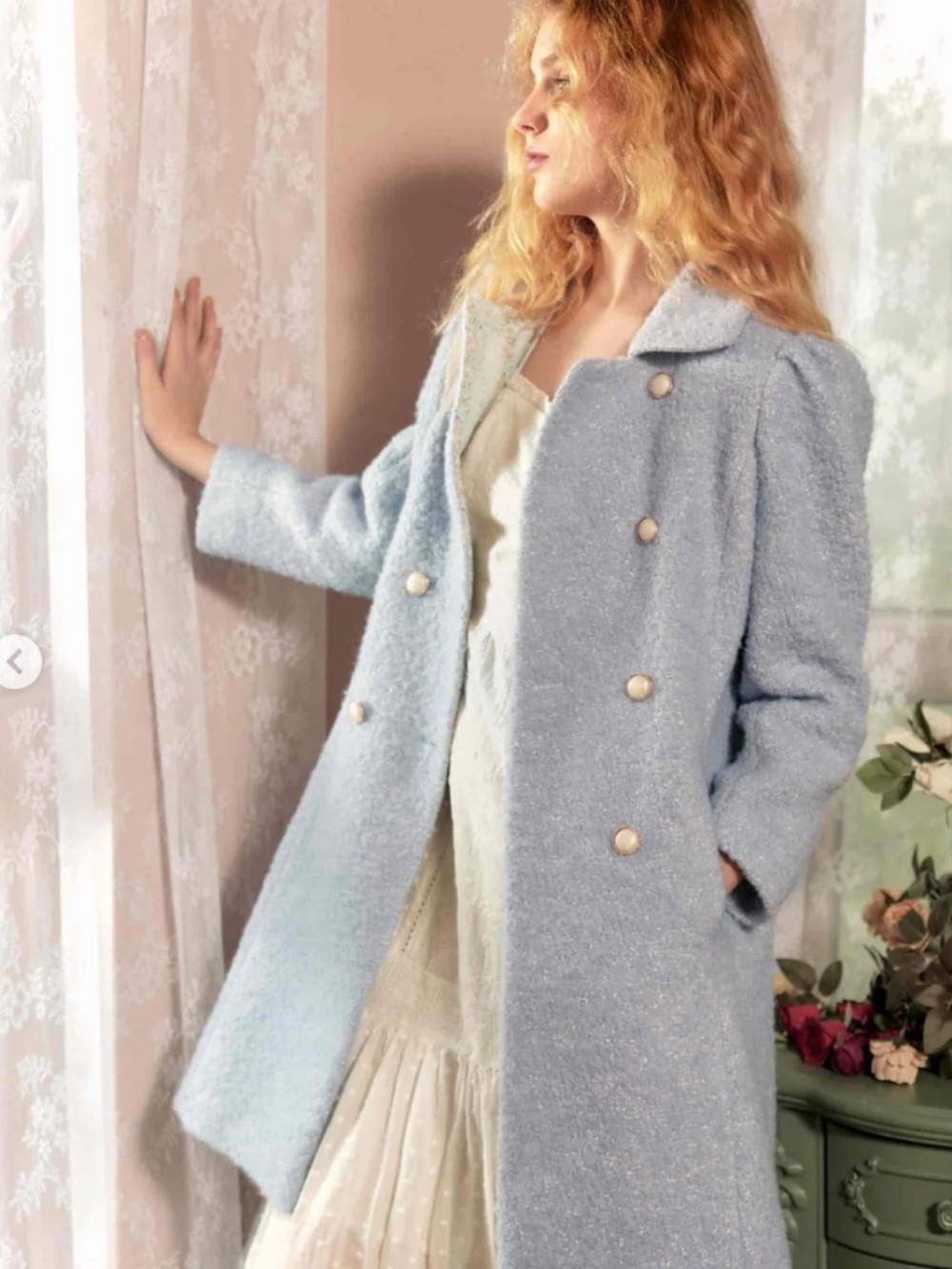 American Heiress Lait Collection light blue bouclé double-breasted coat S M